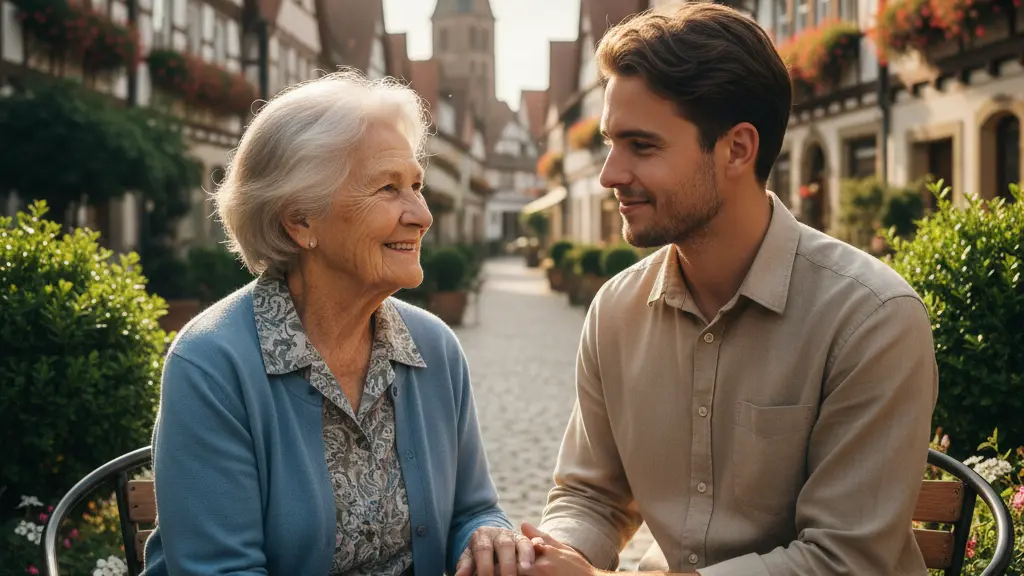 A photorealistic image showing a kind elderly German woman smiling gently, seated on an outdoor bench in a park, holding hands with a compassionate young adult. They are in a charming German town setting with traditional half-timbered buildings and a church spire in the background, bathed in warm golden light, symbolizing intergenerational connection and community in Germany.