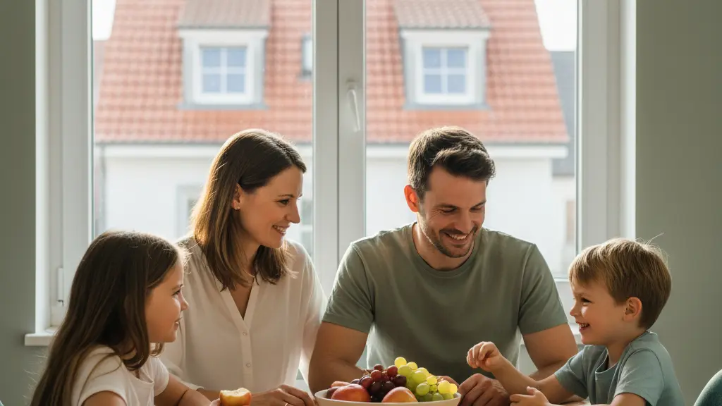 An ultra-realistic image depicting a modern German family of four (mother, father, two children) sharing a moment of joyful contentment around a bright dining table in their sunlit home. Their happy, relaxed expressions and warm interaction signify financial security and a brighter future for the family. German architectural elements are subtly visible through a window in the background, establishing the location.