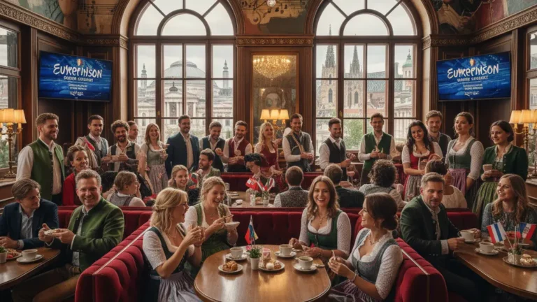 A lively scene in the Greenroom of Eurovision 2026 in Vienna, featuring diverse international artists in traditional and contemporary Austrian attire, engaging in conversations at a modern coffee house setting, with Viennese architecture in the background.