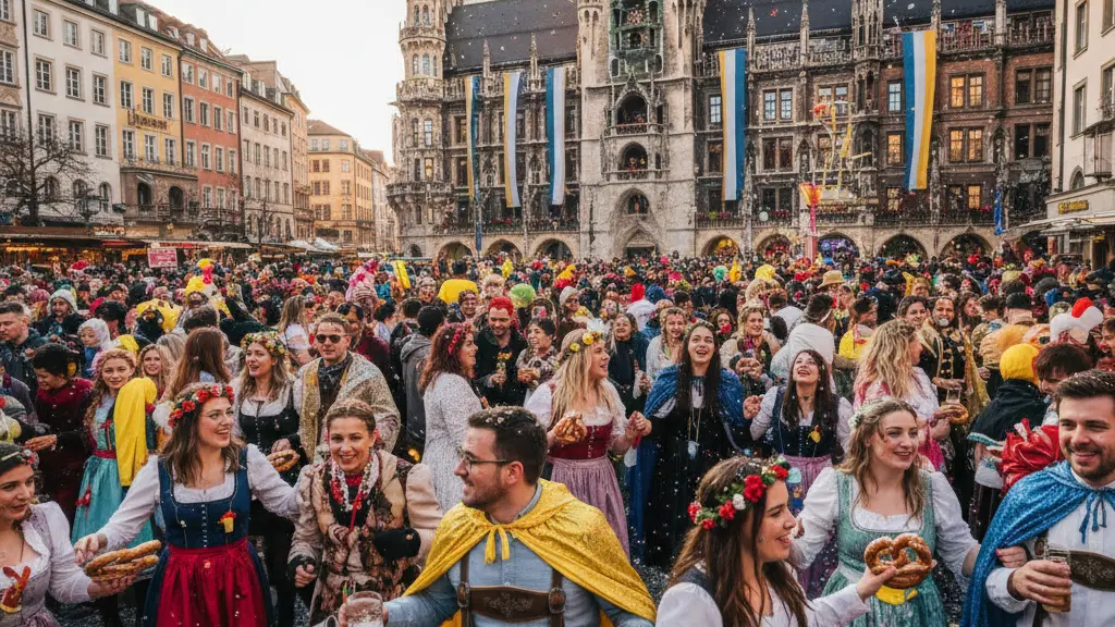 A lively and colorful scene at Munich's Carnival celebration featuring a diverse crowd in costumes, traditional Bavarian foods, and iconic architecture in the background, embodying a joyful and community spirit.