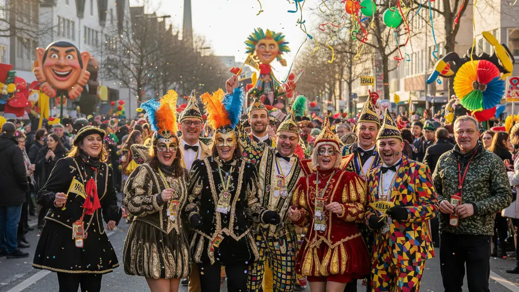 A vibrant scene of diverse people celebrating Düsseldorf's Karneval, wearing colorful costumes and masks, with recognizable Düsseldorf landmarks in the background, illuminated by warm sunlight.