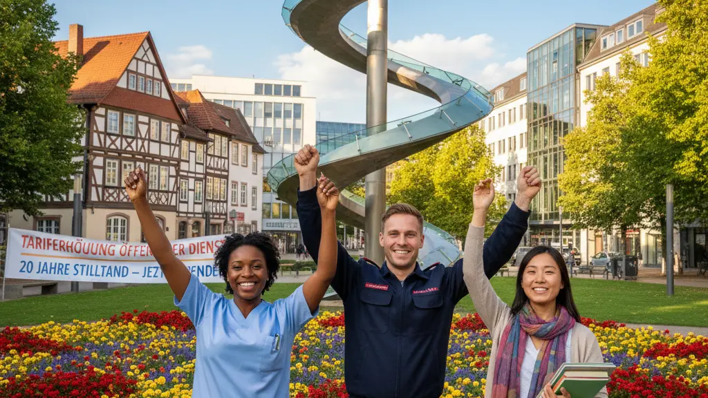 A diverse group of public service workers joyfully celebrating in a modern German city park, symbolizing the positive change after 20 years of pay stagnation, with recognizable architectural elements of Germany in the background.