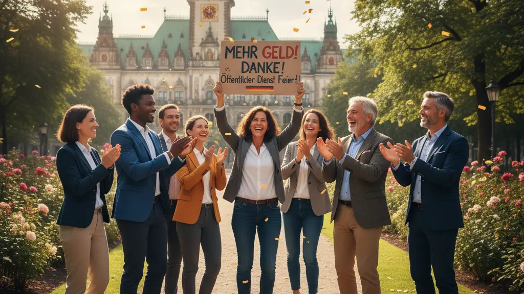 A diverse group of public sector employees celebrating a positive pay rise announcement in a vibrant urban park in Germany, with recognizable architecture in the background.