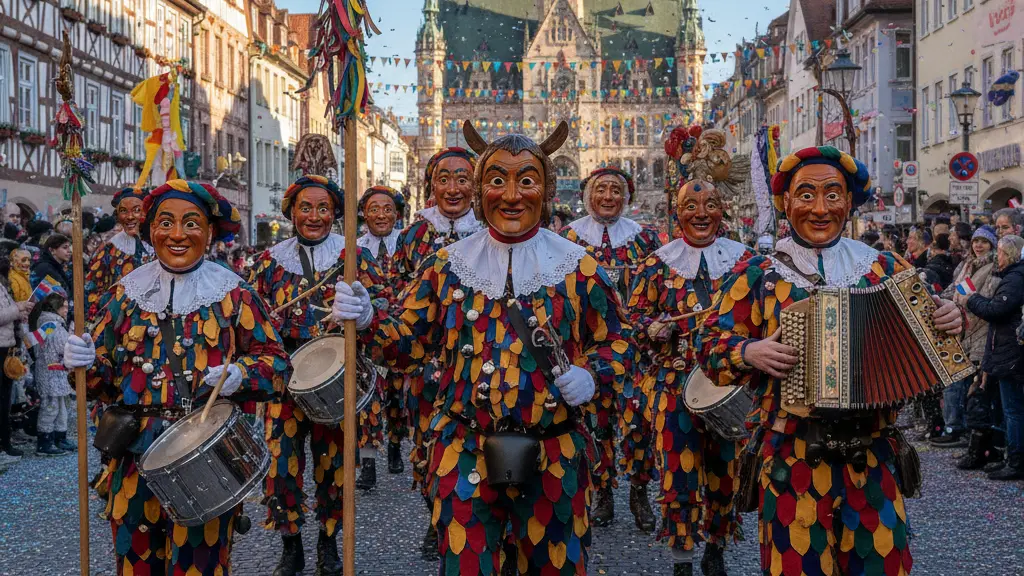 A vibrant carnival parade in Stuttgart, Baden-Württemberg, showcasing participants in colorful Fasnet costumes, joyful expressions, and traditional masks, set against a lively cityscape adorned with festive decorations.