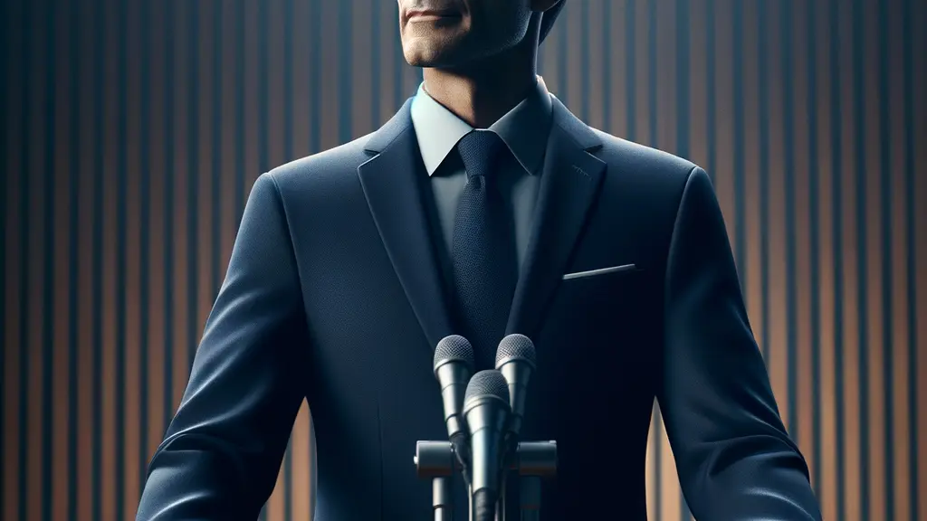 Photorealistic image of German Chancellor Friedrich Merz, a confident man in a dark suit, speaking at a modern, polished wooden podium in a contemporary convention hall in Stuttgart. He gestures with an open hand, looking forward with an optimistic expression. Behind him, a diverse and unified audience of well-dressed party members looks on with enthusiasm. The background subtly hints at the modern Stuttgart cityscape through large windows. The scene conveys strong leadership and party unity, with professional lighting and a clear focus on the central figure.