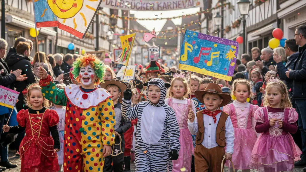 A vibrant children's carnival parade in Delbrück, featuring diverse children in colorful costumes celebrating with joy and excitement in a charming German street, lined with festive decorations and enthusiastic spectators.