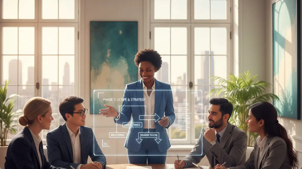 A diverse group of professionals in a modern office setting engaged in a business meeting, with a confident woman presenting a clear plan on a digital screen, representing effective expectation management and teamwork.