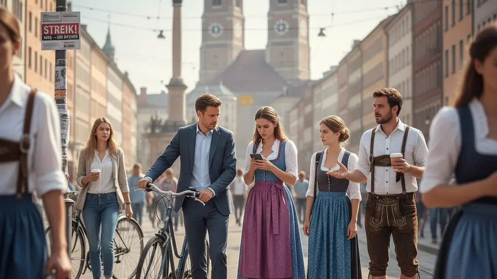 A scene in Munich showing commuters at a tram stop during a public transport strike, with iconic architecture in the background and people discussing their travel alternatives, conveying the sense of community during a disruption.