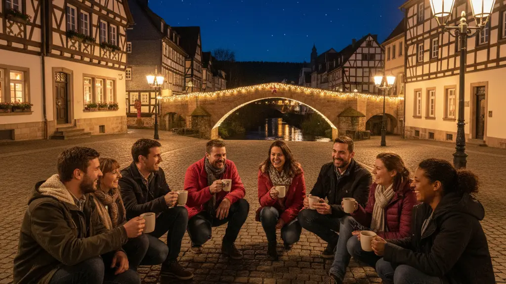 A serene nighttime scene in Meschede, Germany, depicting a group of friends enjoying each other's company in a charming city square, surrounded by traditional half-timbered buildings and the illuminated Ruhrplatz bridge, under a starlit sky.
