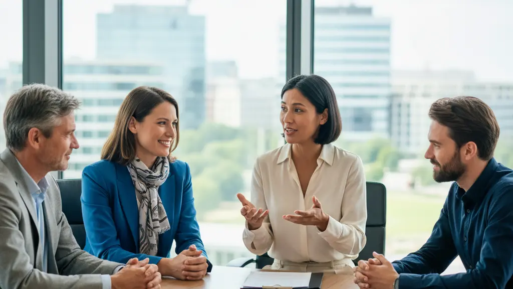 A photorealistic image of a diverse group of four people, two men and two women of various ethnic backgrounds and ages, engaged in a harmonious and respectful collaborative discussion around a table in a modern, sunlit conference room in a German city. Their expressions convey mutual understanding, optimism, and active participation. The background, softly blurred through large windows, shows a contemporary German cityscape. The image emphasizes unity, inclusion, and the strength of diverse perspectives.