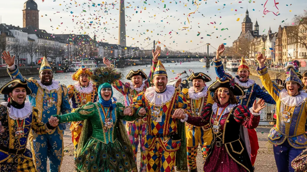 A photorealistic depiction of the Düsseldorf Carnival 2026, featuring a joyful group of diverse people in vibrant costumes dancing together, with the iconic Rheinturm and Rhine River in the background, surrounded by confetti and decorations.