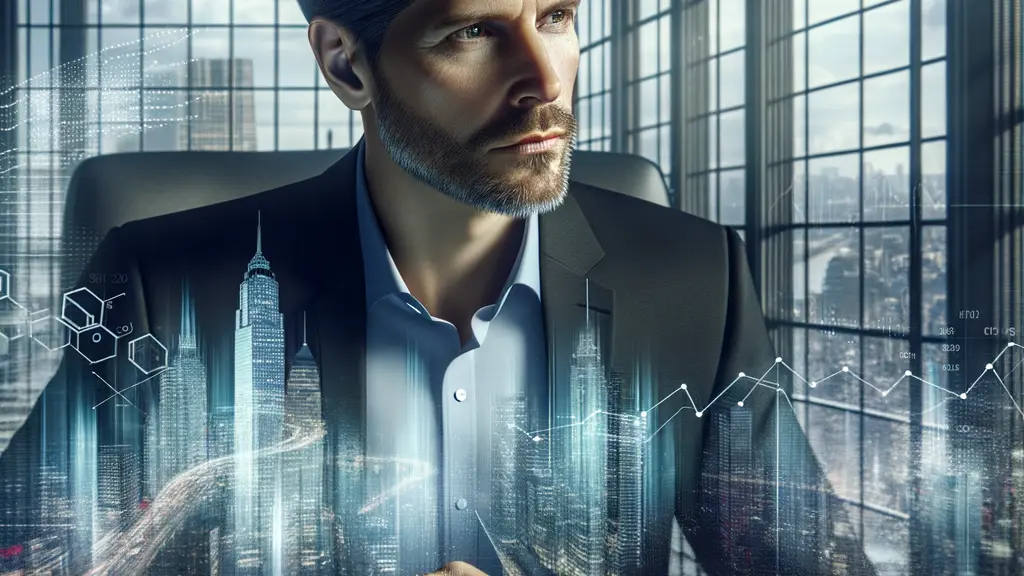 A thoughtful economist analyzing data in a modern office with a view of Berlin's cityscape, showcasing a blend of historical and contemporary architecture.