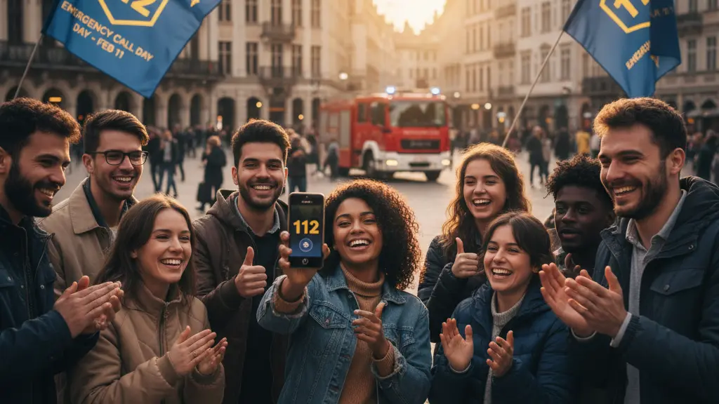 A diverse group of individuals joyfully celebrating Emergency Call Day in a vibrant European city, with a young woman using her smartphone to call 112, surrounded by friends in a bustling urban environment featuring emergency service vehicles.