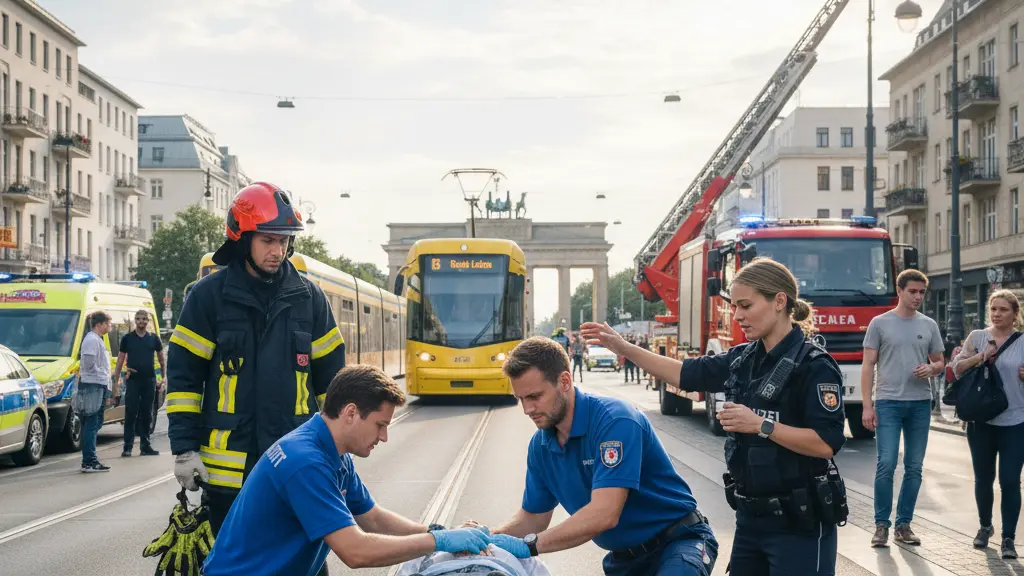 A diverse group of emergency responders including paramedics, firefighters, and police officers collaborating in a busy urban street in Germany, assisting a patient amidst modern city architecture, capturing themes of teamwork and urgency in emergency services.