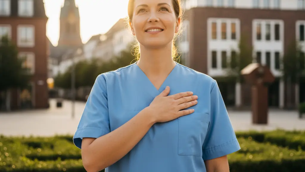 A radiant, ultra-realistic photograph of a confident female German nurse, centrally framed against a subtly blurred backdrop of modern German urban architecture and green spaces. Her gentle smile and hopeful gaze convey a sense of professional dignity, well-being, and optimism for the future, bathed in warm golden hour light. She wears a spotless, modern nursing uniform and has one hand gently over her heart.