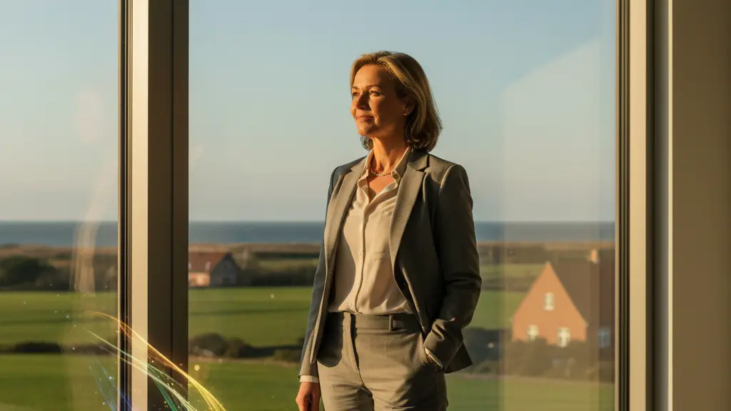 A photorealistic, high-resolution image depicts a serene, confident professional woman gazing thoughtfully out a large window in a modern, sunlit German office. Beyond the window, a characteristic Schleswig-Holstein landscape with red-brick architecture or a coastal view is visible. On a desk nearby, a luminous, abstract graphic symbolizes accumulated work hours, devoid of any text or numbers. The scene embodies the positive impact of long-term work hour banking, conveying a sense of empowerment, future security, and work-life balance.