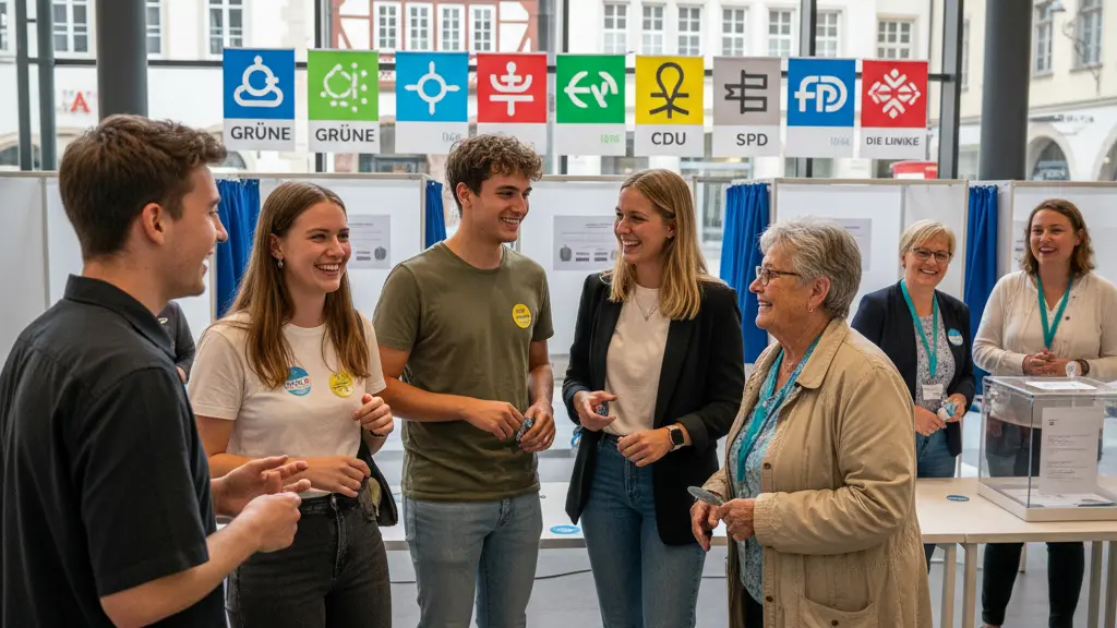 A diverse group of enthusiastic voters at a polling station in Baden-Württemberg, Germany, engaging in conversation and showcasing their excitement for the 2026 state election, with recognizable local architecture in the background.