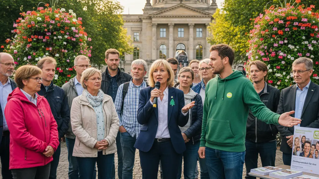 A diverse group of individuals passionately debating dental healthcare costs in a vibrant urban square in Germany, with a backdrop of iconic architecture, emphasizing the importance of accessible dental care.