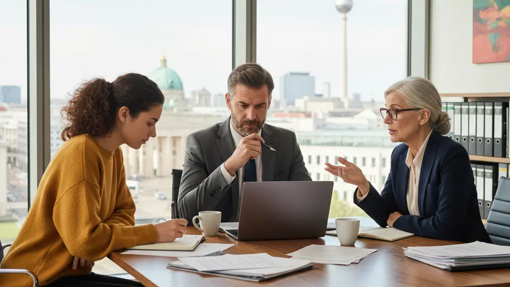 A diverse group of financial experts discussing retirement reform in a modern office, with the Berlin skyline visible through large windows, symbolizing urgency and hope for future policies.