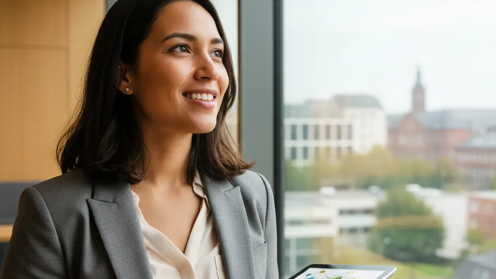A diverse young professional, a woman in her late twenties, smiles with satisfaction as she looks up from a sleek digital tablet in a bright, modern German study environment. Through a large window, a blurred contemporary German cityscape is visible in the background. She is professionally dressed, conveying a sense of empowerment and success through modern digital learning.
