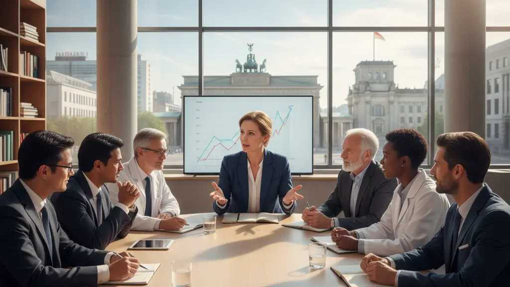 A diverse group of professionals engaged in a debate about raising the retirement age to 70 in a modern office setting, with recognizable German cultural elements and a positive atmosphere.