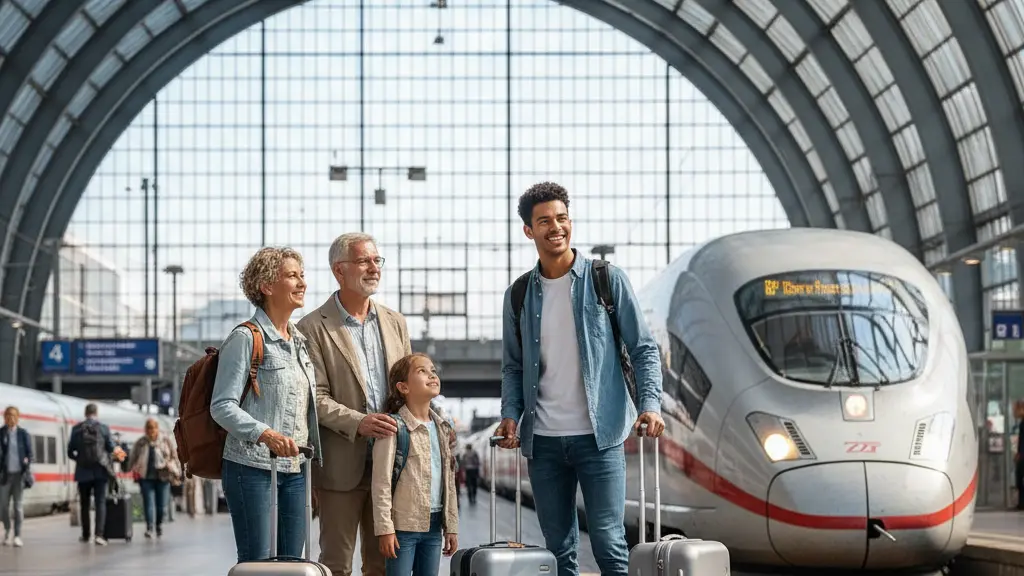 A high-resolution, photorealistic image shows a diverse group of three travelers—a young adult, an older adult, and a child—standing with optimistic expressions in the central foreground of a modern, bustling German train station. The young adult points forward with a hopeful gesture. Behind them, a sleek red and silver ICE high-speed train is parked at the platform. The station's impressive architecture, with high vaulted ceilings and abundant natural light, is visible in the background, along with blurred figures of other passengers. The image conveys resilience and the joy of finding alternative travel solutions in Germany, free of any text or symbols.