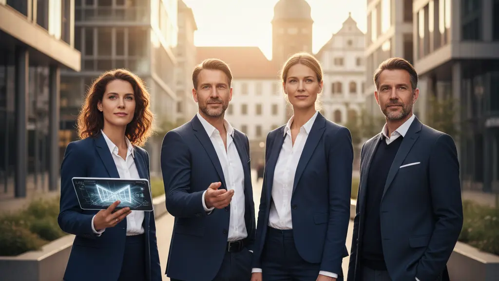 An ultra-realistic, high-resolution, photorealistic image depicting a diverse group of four professional individuals—two women and two men—centrally positioned in a sunlit, modern German cityscape. They wear contemporary business casual attire and gaze forward with confident, optimistic expressions, embodying unity and progress. One woman subtly displays a stylized, abstract digital blueprint on a tablet. The background features elegant, modern German architecture seamlessly blended with a touch of traditional design, and well-maintained urban greenery, all bathed in warm golden hour light. The image conveys a powerful message of collective strength, innovation, and a positive future, free of text or logos.