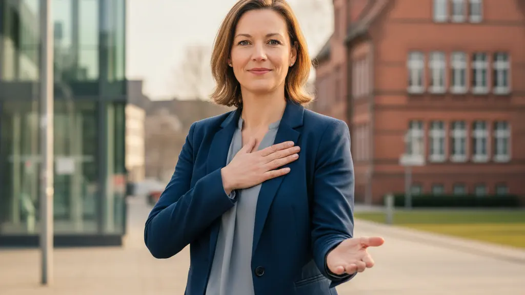 A high-resolution, photorealistic, and emotionally resonant image depicts a compassionate and resolute German woman in her late 30s to early 40s, embodying the spirit of dedicated public service. She stands centrally, facing forward with a gentle, determined expression, her hands symbolizing care and hope. The background, softly blurred yet recognizable, features distinct German architecture: a modern university hospital facade on one side and a traditional school building on the other, set against a backdrop of an urban park. The scene is bathed in warm golden hour light, conveying resilience and unwavering commitment to Germany's essential services.