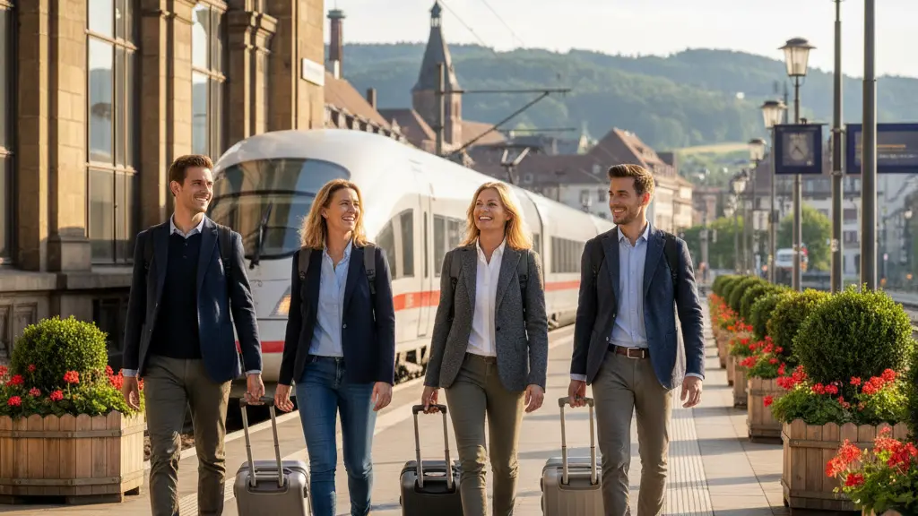 A photorealistic image depicting a diverse group of three to four happy travelers, smiling and walking confidently on a sunlit platform of a grand, architecturally distinctive German train station. A modern high-speed train (ICE-like) is visible in the background. The scene conveys successful alternative travel and resilience, set against a backdrop of classic German architecture and an expansive urban or semi-urban German landscape, all bathed in warm, natural light. No text is present.