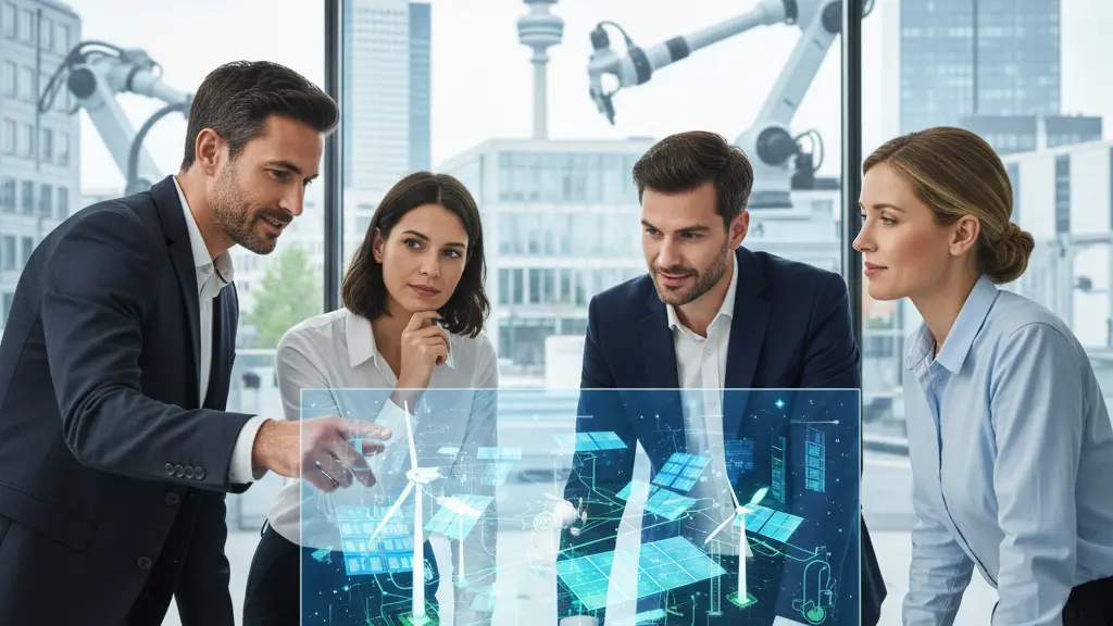 A diverse team of four professionals collaborating intently around a futuristic 3D holographic display, showcasing an advanced engineering design within a modern, brightly lit German innovation hub. A softly blurred contemporary German cityscape with sleek architecture is visible through large glass walls in the background, providing context. The image conveys themes of innovation, teamwork, and a prosperous future for Germany.