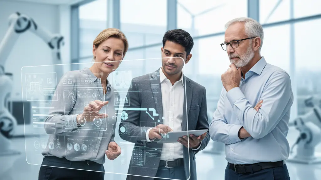 An ultra-realistic, high-resolution photograph depicts a diverse group of German professionals – a female engineer, a male data scientist, and a senior expert – collaborating with focused optimism around a transparent holographic display showcasing advanced renewable energy optimization strategies within a sleek, modern German innovation center. The background subtly highlights German industrial precision and technology, emphasizing a vision of economic growth driven by innovation and skilled talent.