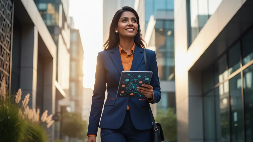 A photorealistic image showing a confident young Indian female professional striding forward in a seamlessly blended architectural environment, transitioning from a vibrant Indian tech park with Jaali patterns and lush foliage to a sleek European business district with minimalist glass facades. She smiles optimistically, holding a tablet, under warm golden light that subtly shifts to cooler tones in the background. The composition is center-weighted, clean, and uplifting, symbolizing the ease of skilled talent mobility between India and the EU, with no text or overlays.