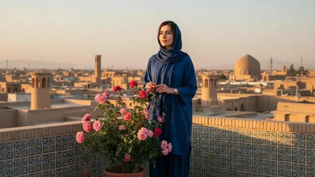 An ultra-realistic, cinematic portrait of a young Iranian woman standing gracefully on a sunlit, ancient rooftop terrace at dawn. She wears elegant, modern-traditional Persian attire, with a subtly draped headscarf and flowing garments in rich jewel tones. Her expression is serene and contemplative, radiating hope and thoughtful optimism as she gently touches a vibrant, flourishing rose bush. In the background, a historic Iranian city, characterized by intricate adobe architecture and the silhouette of traditional wind towers and a dome, extends towards distant, arid mountains under a clear, warm sky. The scene is bathed in golden light, with a shallow depth of field focusing on her and the rose bush, symbolizing peace, resilience, and a hopeful future. No text or symbols are present.