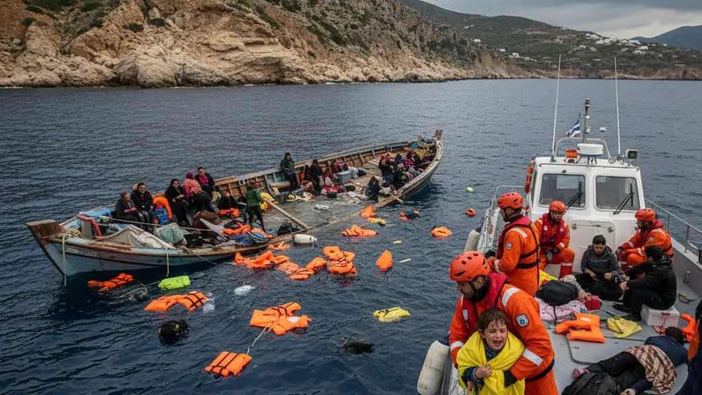 A rescue operation illustrating the aftermath of a migrant boat collision near Chios, showing a rescue worker lifting a child from the water against the backdrop of the rocky coastline and a dramatic sky.