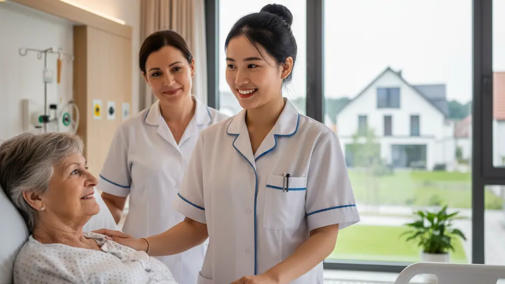 A young Vietnamese female nursing trainee, wearing a crisp German nursing uniform, smiles reassuringly while gently holding the hand of an elderly German female patient in a bright, modern hospital room. An experienced German head nurse stands nearby, observing with a supportive smile. Through a large window, a blurred view of a German suburban landscape is visible. The image conveys a positive message of successful professional integration and compassionate care.