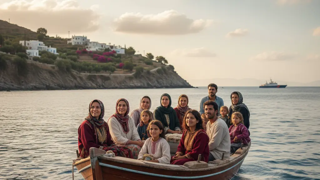 A serene Mediterranean seascape depicting a small wooden boat with a diverse group of migrants, highlighting themes of hope and resilience, against a backdrop of a Greek island coastline.