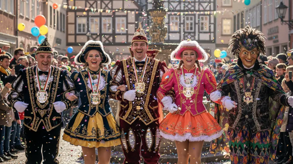 A vibrant street carnival scene in Saxony, featuring colorful dancers in elaborate costumes celebrating joyfully under a bright sunny sky, with traditional Saxon architecture in the background, conveying a sense of community and festivity.