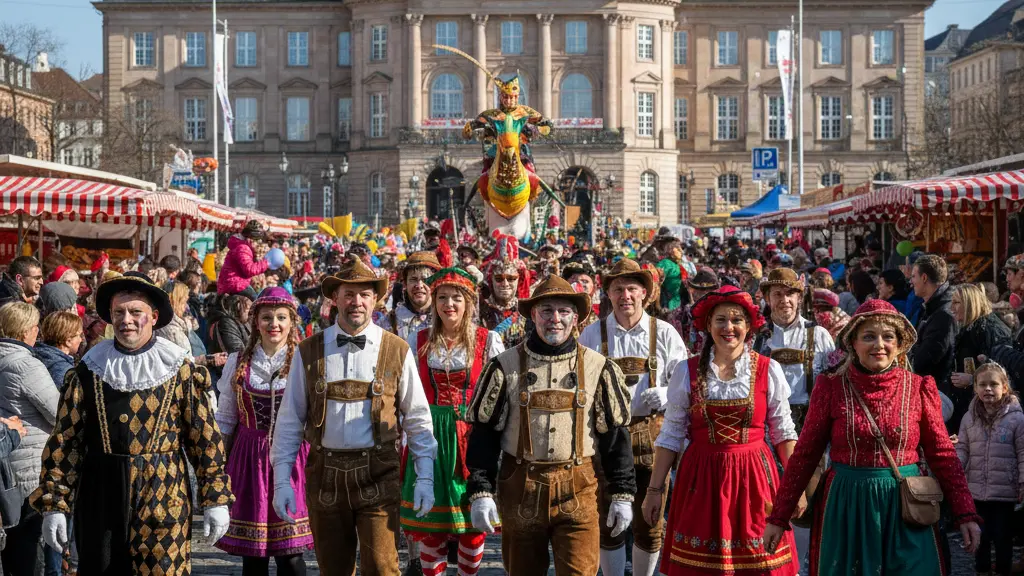 A vibrant carnival parade in Stuttgart, featuring diverse participants in colorful costumes marching joyfully down a festive street, with the Neuen Schloss in the background and a lively crowd celebrating around them.
