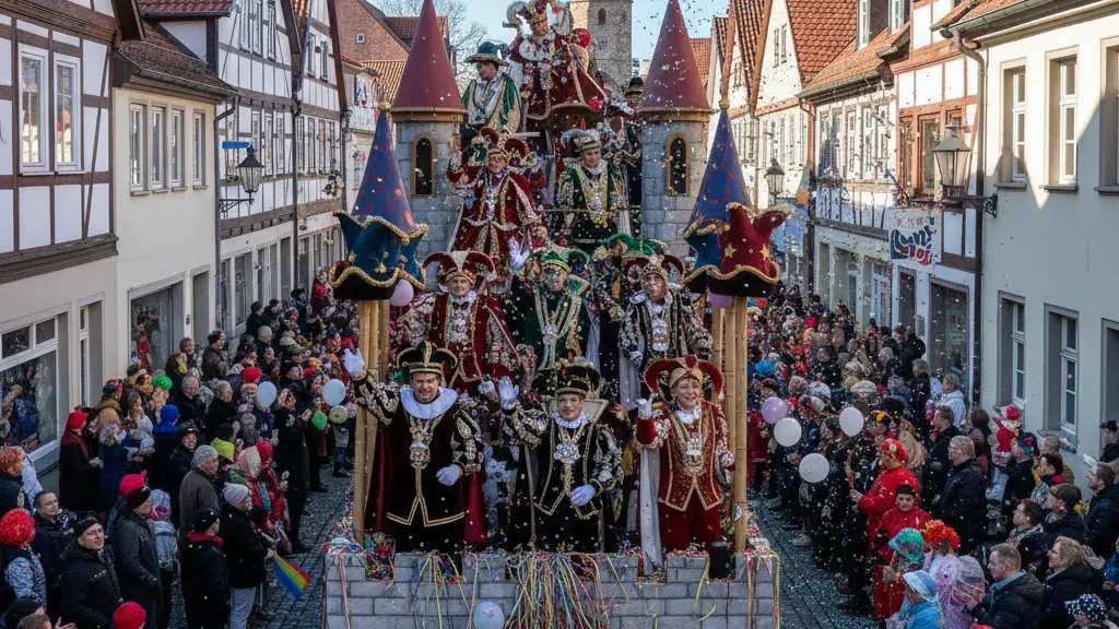 A vibrant scene of the Radeburg Carnival Parade showcasing a colorful float with participants in elaborate costumes, surrounded by a joyful crowd of spectators against the backdrop of historic Radeburg buildings.