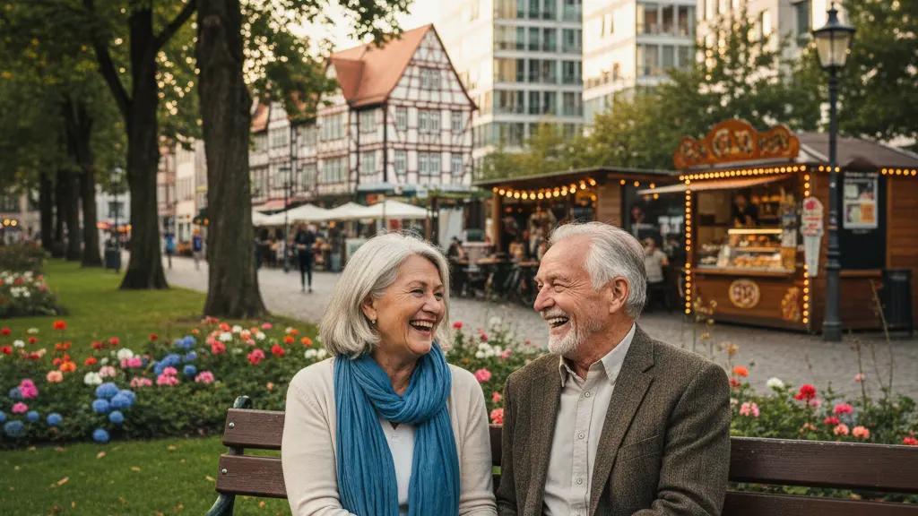 An elderly couple joyfully conversing on a park bench in a vibrant urban environment, embodying a positive outlook on retirement at 70, surrounded by elements of German architecture and culture.