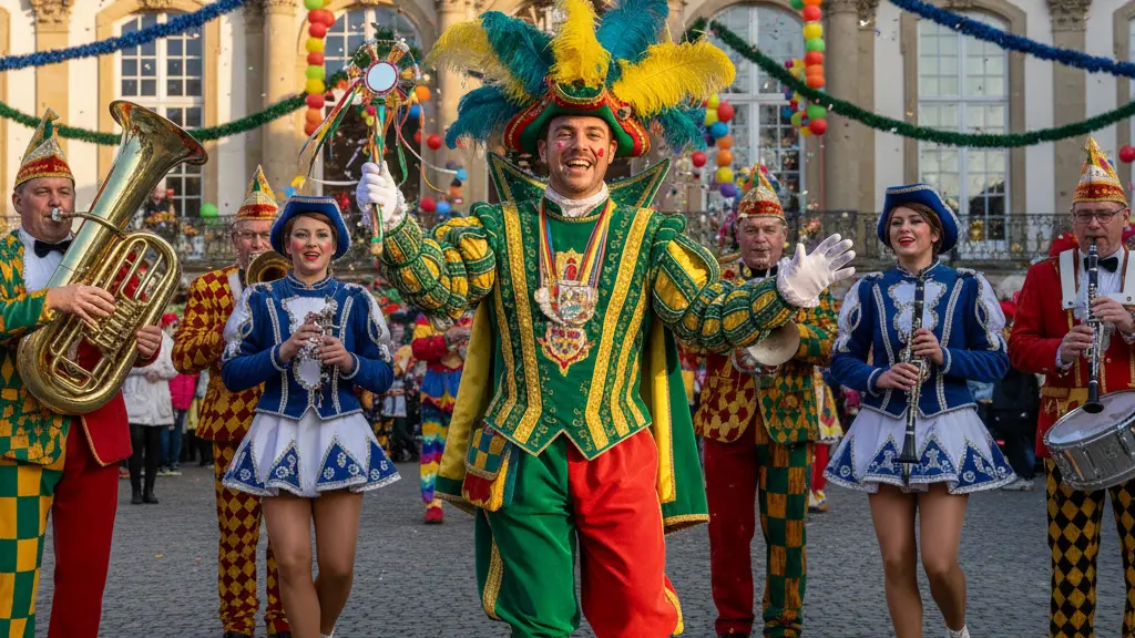 A vibrant carnival scene from Fastnacht in Franken 2026, featuring a performer in an elaborate costume surrounded by cheerful attendees, with the historic Veitshöchheim Palace in the background, capturing the essence of joy and celebration.