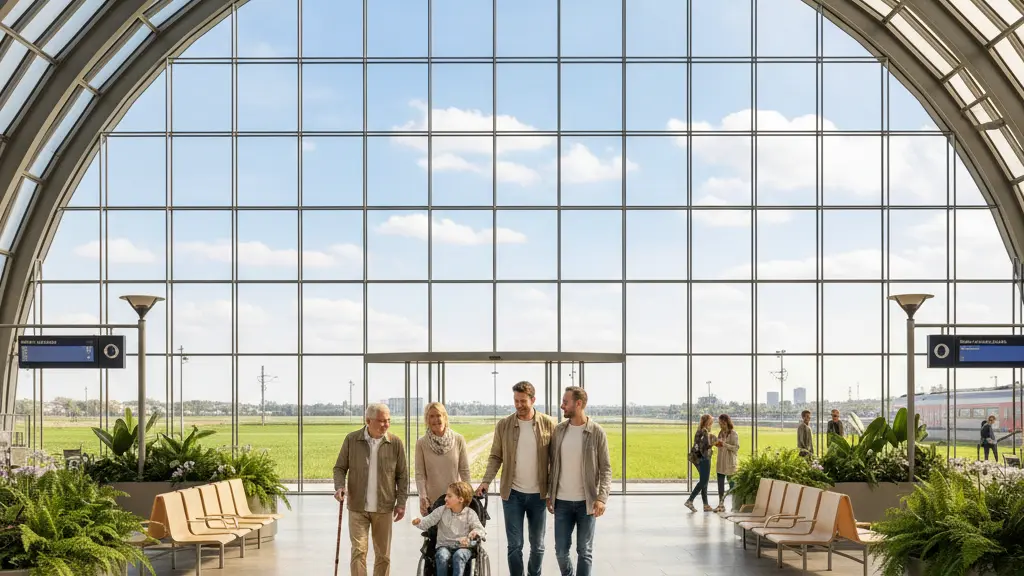 An ultra-realistic image showing a brightly lit, modern German train station concourse in the Kleve region, bustling with diverse, smiling passengers. A multi-generational family and a person in a wheelchair navigate effortlessly through the clean, spacious environment. Large windows reveal a subtle glimpse of the green Lower Rhine landscape. The scene conveys a sense of progress, accessibility, and joyful community travel.