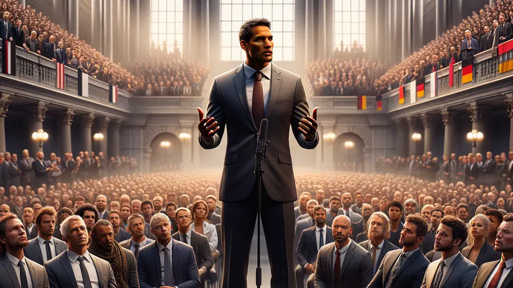 Vincent Kompany passionately delivers a speech against racism at the Bundestag, standing at a podium, surrounded by a diverse audience showing support. The iconic Reichstag building forms the backdrop, symbolizing Germany's commitment to unity and hope.