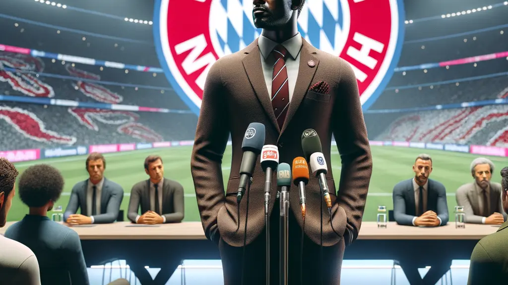 Vincent Kompany passionately addressing media at a press conference about racism, surrounded by diverse journalists, with a soft-focus Munich skyline in the background.