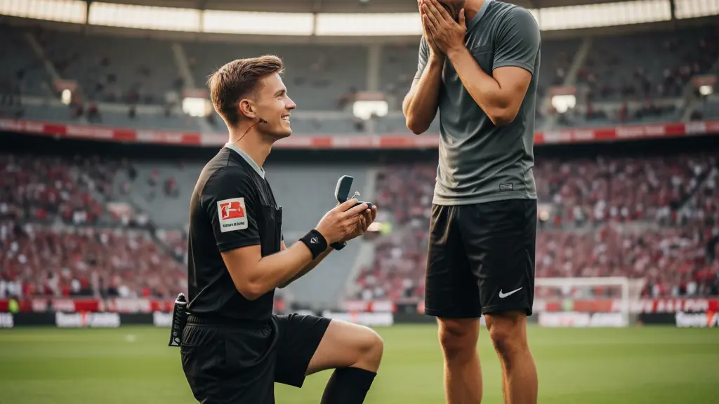 An ultra-realistic photograph showing a young adult male football referee, kneeling on one knee on a vibrant green stadium pitch, proposing to his male partner. The referee, in a black uniform, smiles joyfully as he presents an open ring box. His partner, standing opposite, covers his mouth in emotional surprise, tears in his eyes, illuminated by warm golden light. They are perfectly centered and in sharp focus. The background is a softly blurred, modern European football stadium with an indistinct, cheering crowd, suggesting a public celebration. The image conveys profound love and public acceptance, with subtle visual cues of a German football stadium atmosphere.