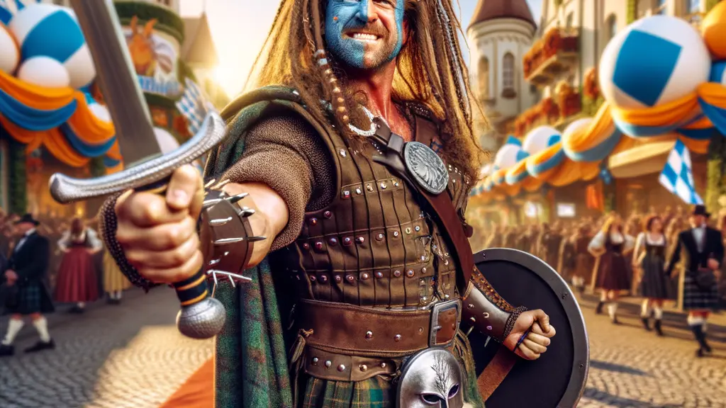 Markus Söder dressed as William Wallace from Braveheart at a carnival, with blue and white face paint, holding a sword on a red carpet in Veitshöchheim, set against a backdrop of Bavarian architecture.