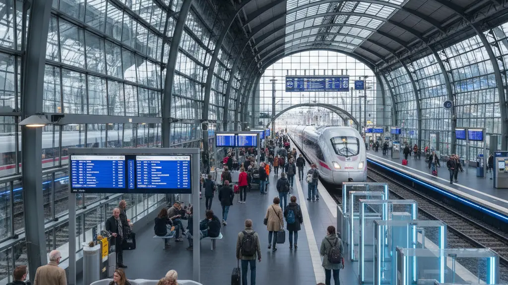 A vibrant and bustling scene at a modern German railway station, showcasing travelers engaging with advanced amenities and information displays, representative of Xanten, Wanne-Eickel, and Essen Zollverein-Nord, with recognizable architectural features and a lively atmosphere.