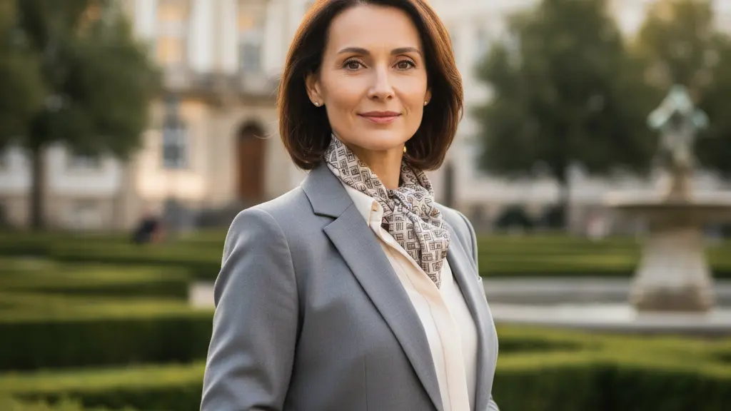 A hyper-realistic, high-resolution image of a dignified woman, mid-30s to early 40s, with a serene, determined expression, standing confidently in a sun-drenched German urban park. She wears a tailored professional outfit and a subtly patterned scarf. Behind her, elegant German architecture and lush greenery are softly blurred, symbolizing new beginnings and hope in a European setting.