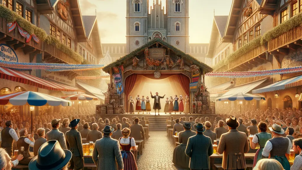 A vibrant scene from the Nockherberg Starkbierfest 2026 in Munich, featuring actors in traditional Bavarian costumes performing on stage in a bustling beer garden, with notable Munich landmarks in the background.