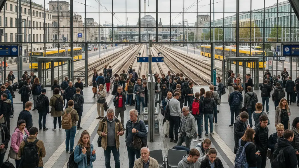 An ultra-realistic depiction of a crowded Berlin train station with frustrated commuters waiting on empty platforms during a nationwide public transport strike, featuring architectural elements of the station and recognizable Berlin landmarks in the background.